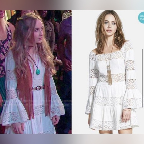 FREE PEOPLE White Crochet Lace Tiered Mini Dress Long Bell Sleeves 4 - Picture 2 of 12